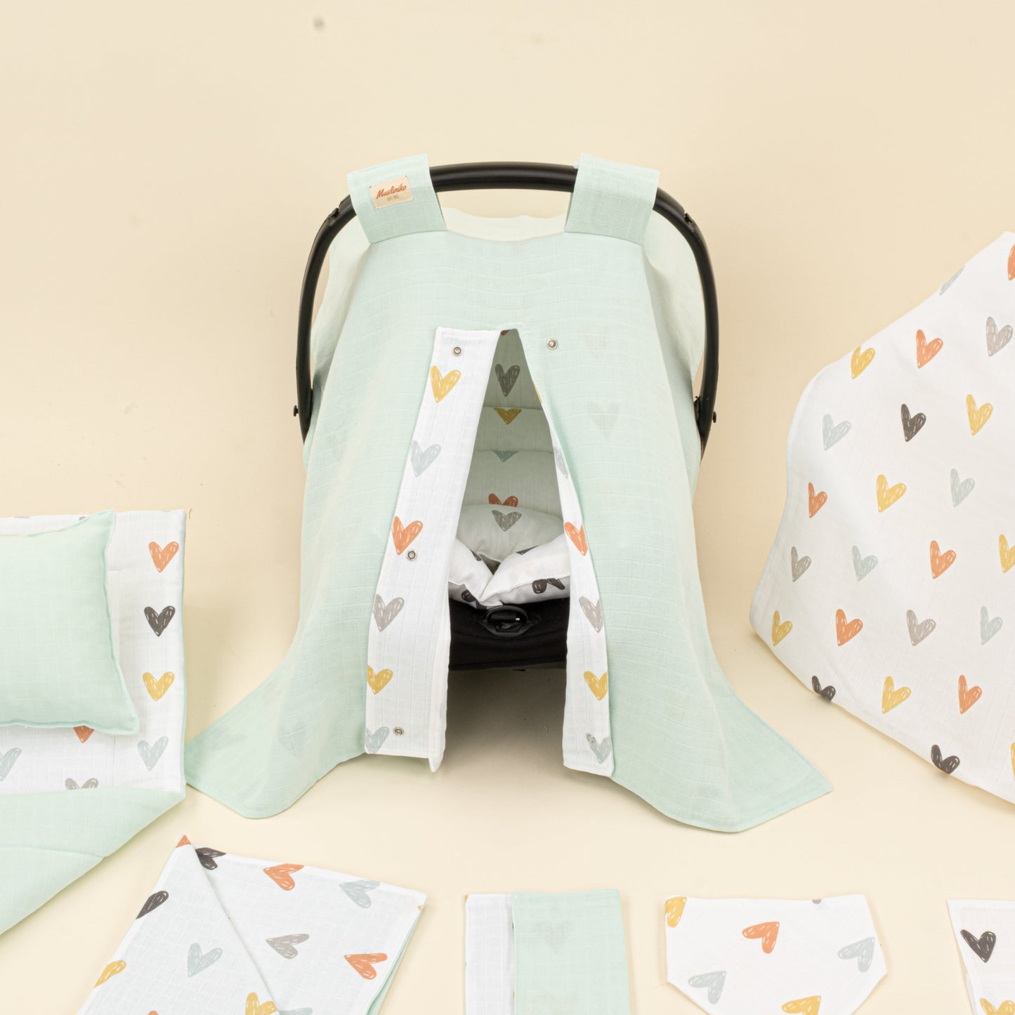 11 Piece - Newborn Sets - Double Sided - Seasonal - Su Yeşili Muslin - Kalpler