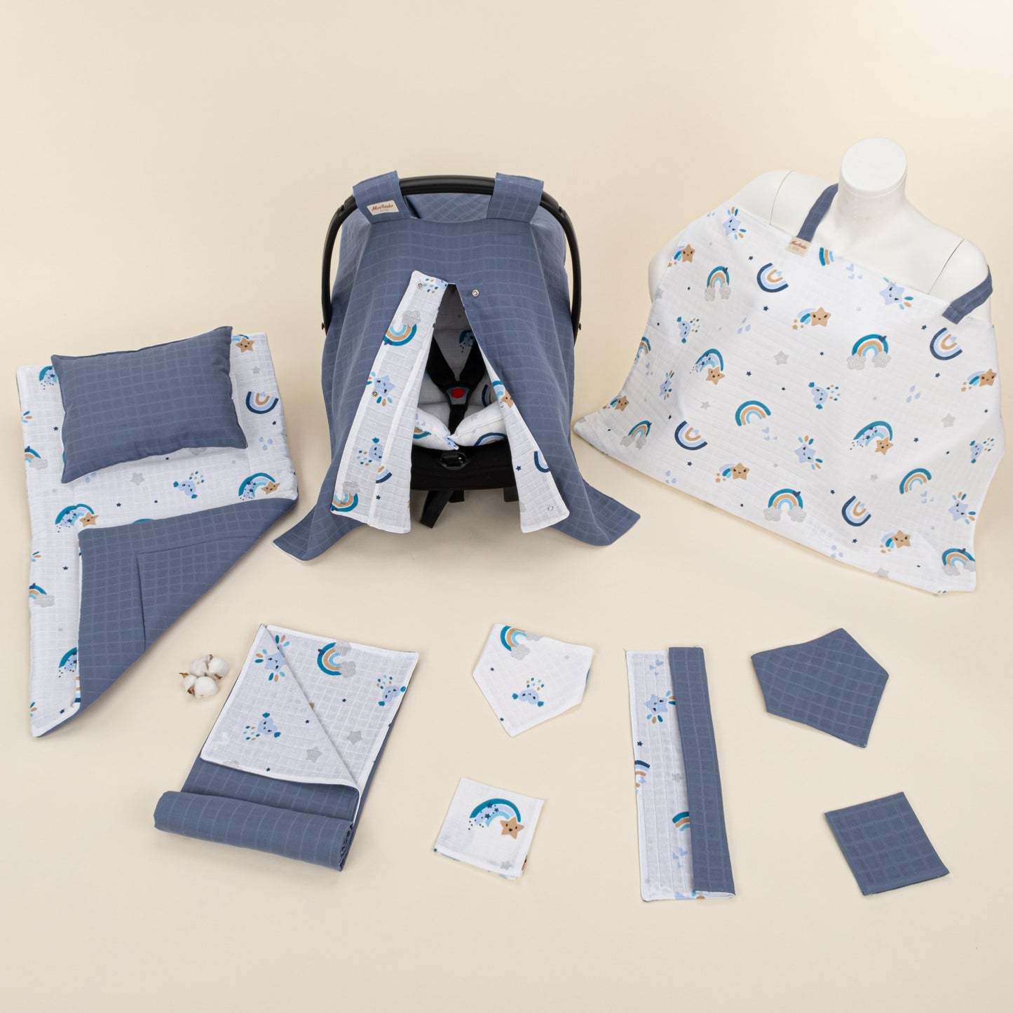 11 Piece - Newborn Sets - Double Sided - Seasonal - İndigo Müslin - Mavi Gökkuşağı