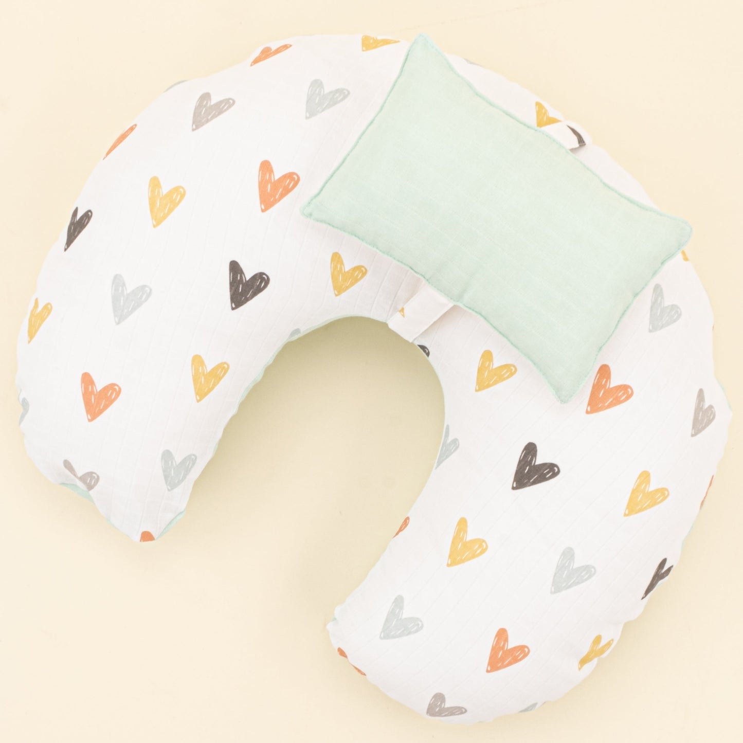 Double Sided Breastfeeding Pillow - Su Yeşili Muslin - Kalpler