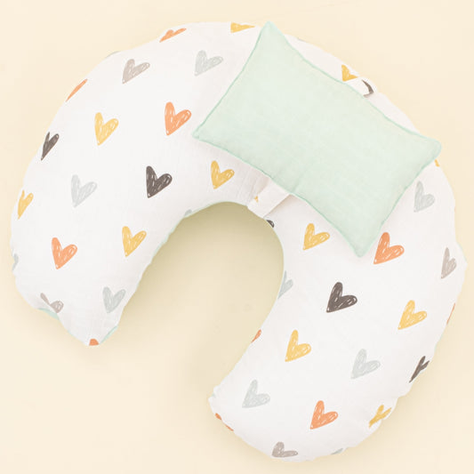 Double Sided Breastfeeding Pillow - Su Yeşili Muslin - Kalpler