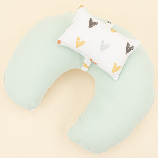 Double Sided Breastfeeding Pillow - Su Yeşili Muslin - Kalpler