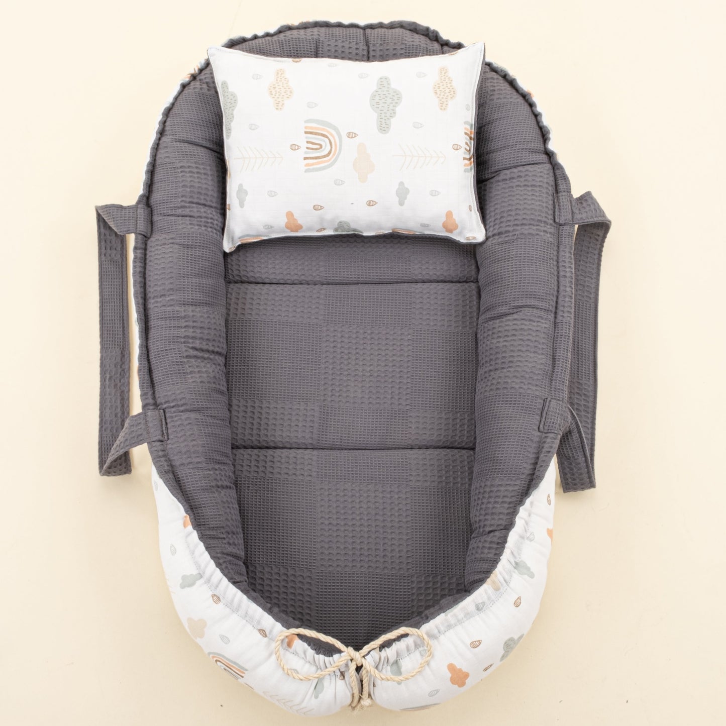 Babynest and Pillow - Çift Taraflı - Antrasit Waffle - Yeşil Gökkuşağı