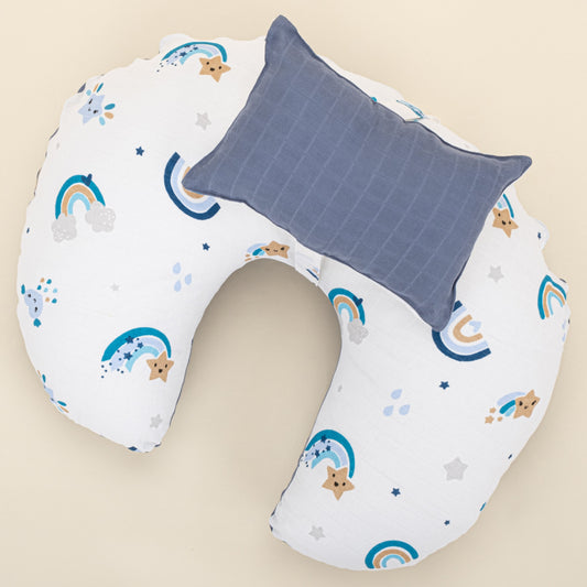 Double Sided Breastfeeding Pillow - İndigo Müslin - Mavi Gökkuşağı