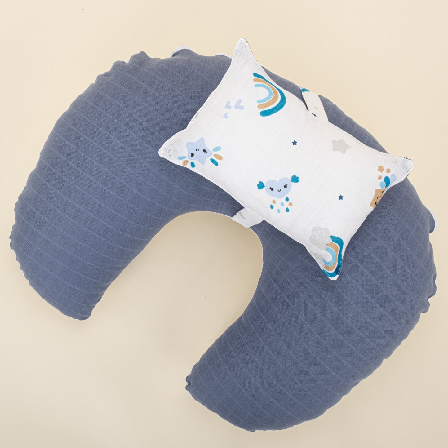 Double Sided Breastfeeding Pillow - İndigo Müslin - Mavi Gökkuşağı