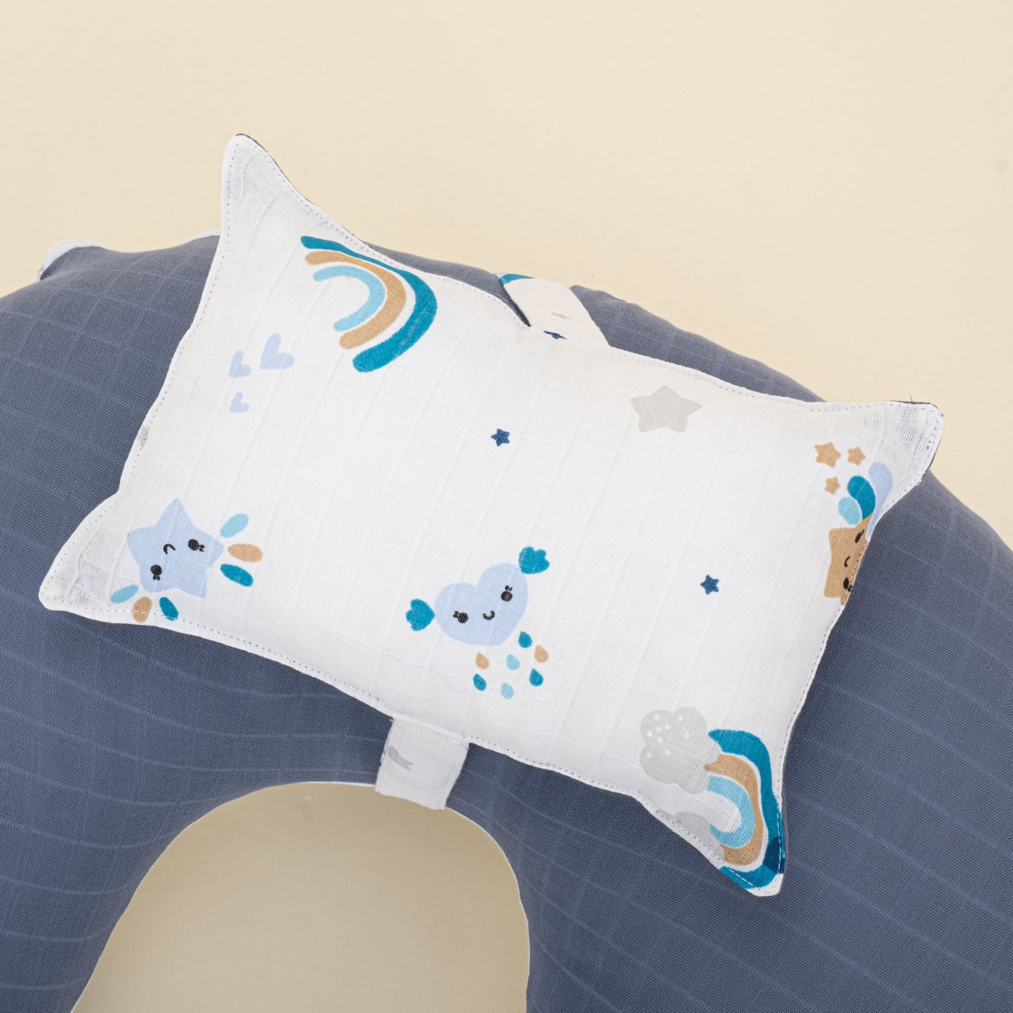 Double Sided Breastfeeding Pillow - İndigo Müslin - Mavi Gökkuşağı