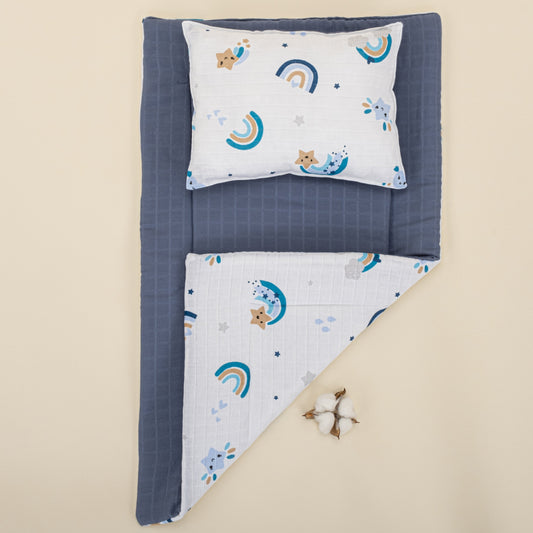 Double Sided Changing Pad and Pillow - İndigo Müslin - Mavi Gökkuşağı