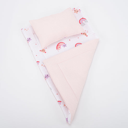 Double Sided Changing Pad and Pillow - Bebe Pembe Petek - Pembe Gökkuşağı