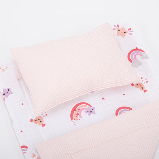 Double Sided Changing Pad and Pillow - Bebe Pembe Petek - Pembe Gökkuşağı