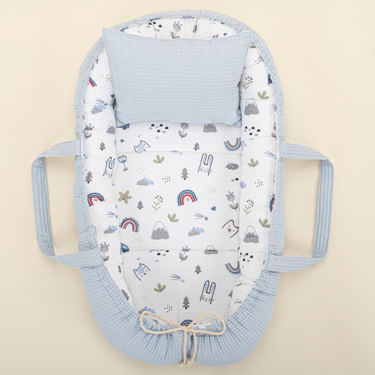 Babynest and Pillow - Çift Taraflı - Bebe Mavi Petek - Mavi Kedi