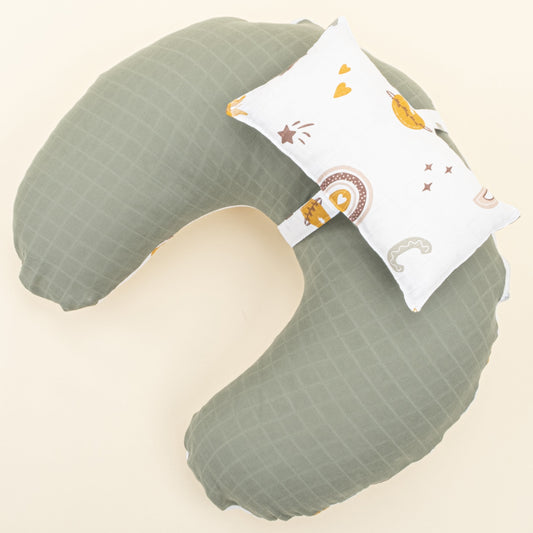 Double Sided Breastfeeding Pillow - Haki Muslin - Galaksi ve Harfler