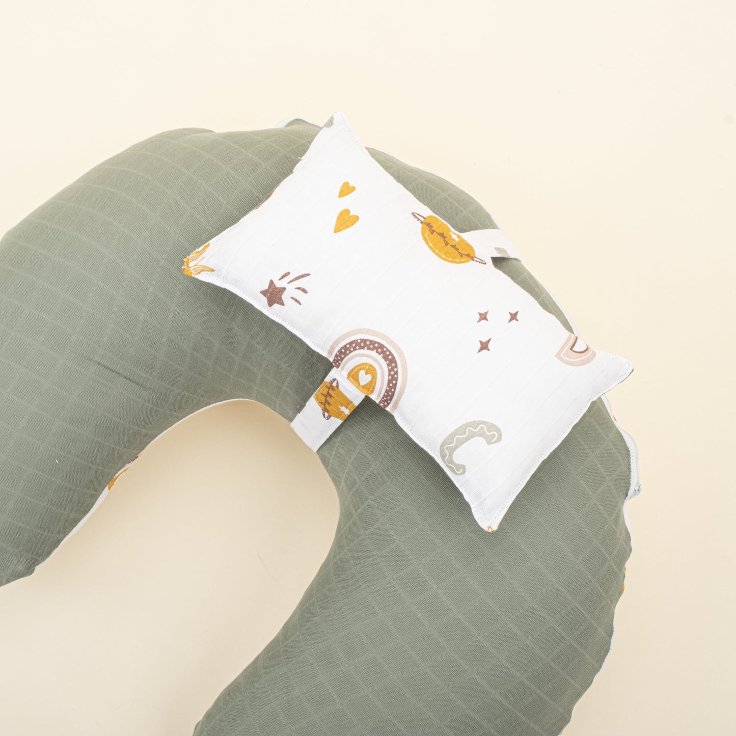 Double Sided Breastfeeding Pillow - Haki Muslin - Galaksi ve Harfler