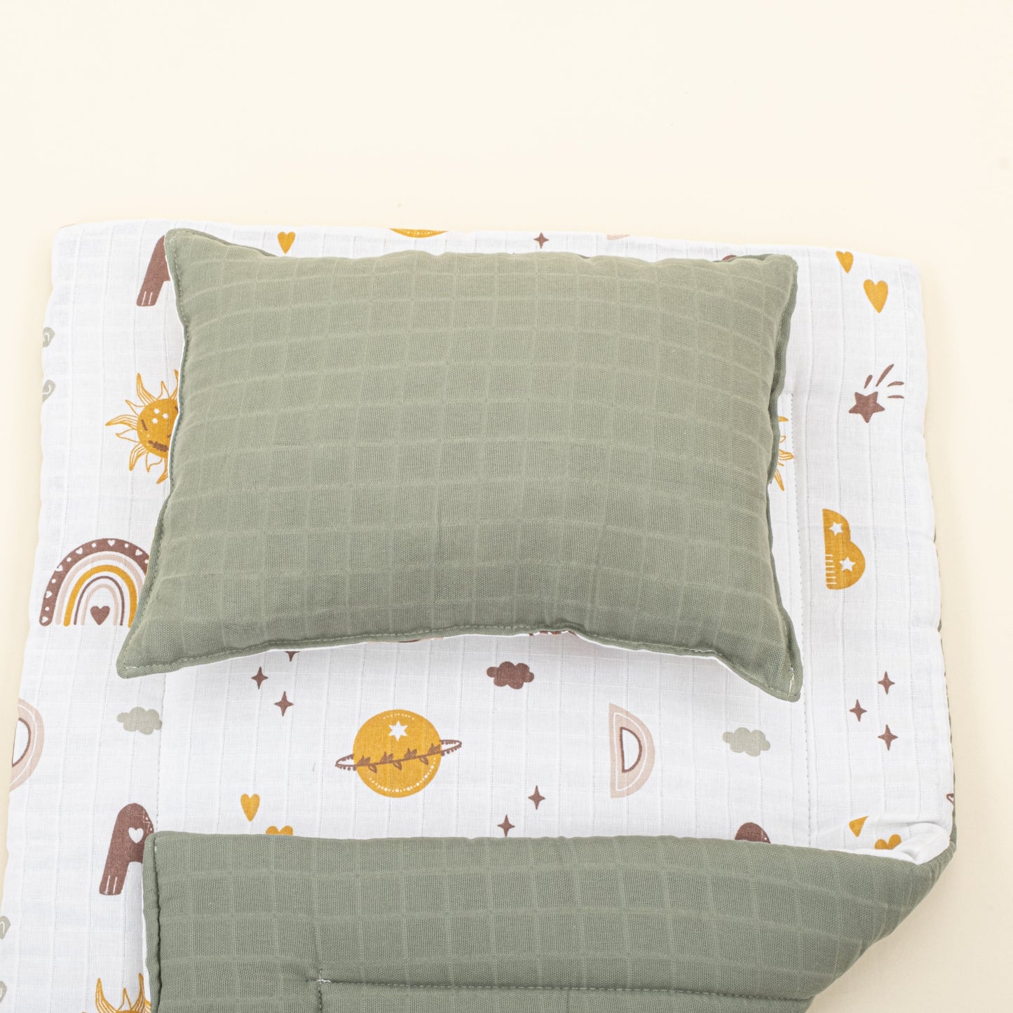 Double Sided Changing Pad and Pillow - Haki Muslin - Galaksi ve Harfler