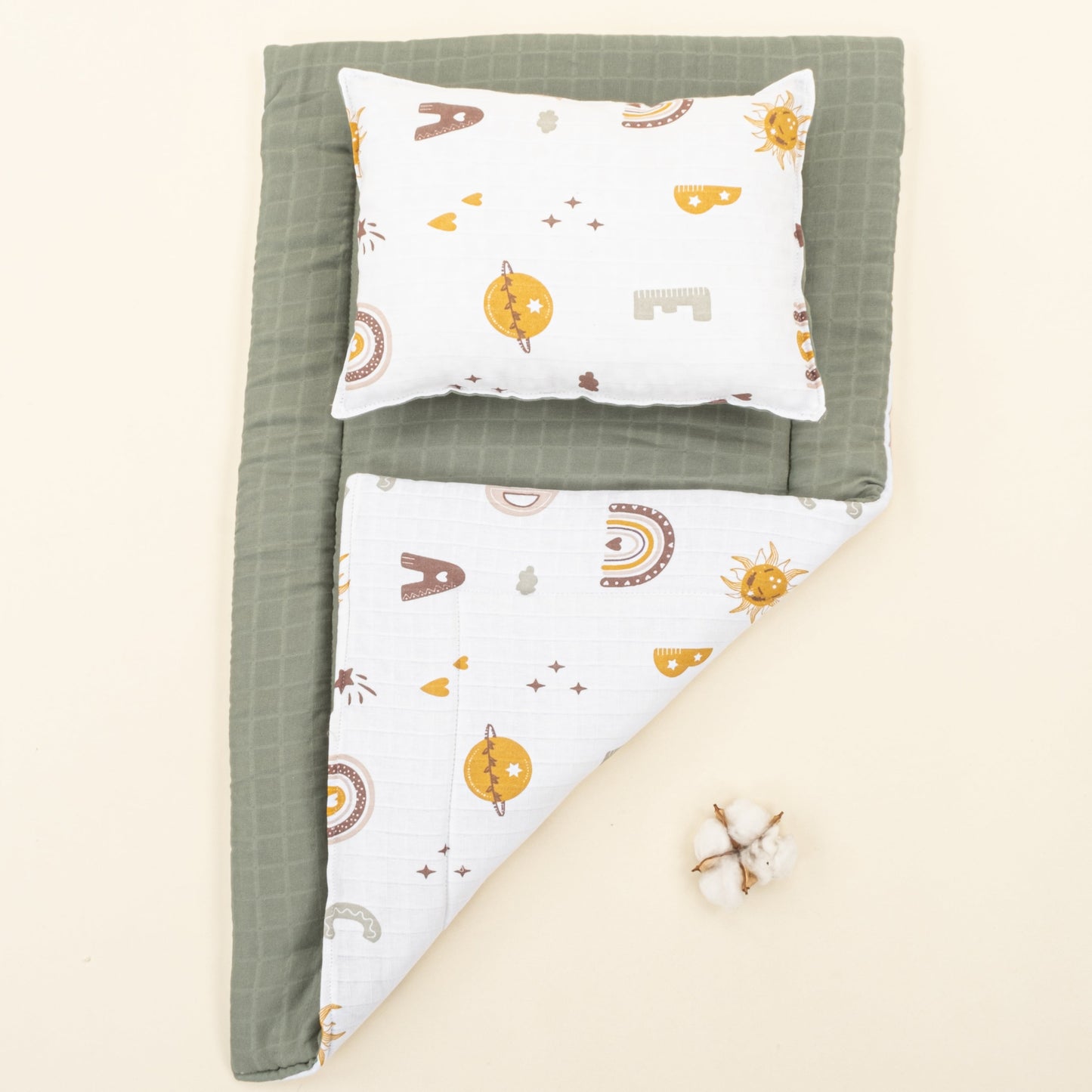 Double Sided Changing Pad and Pillow - Haki Muslin - Galaksi ve Harfler