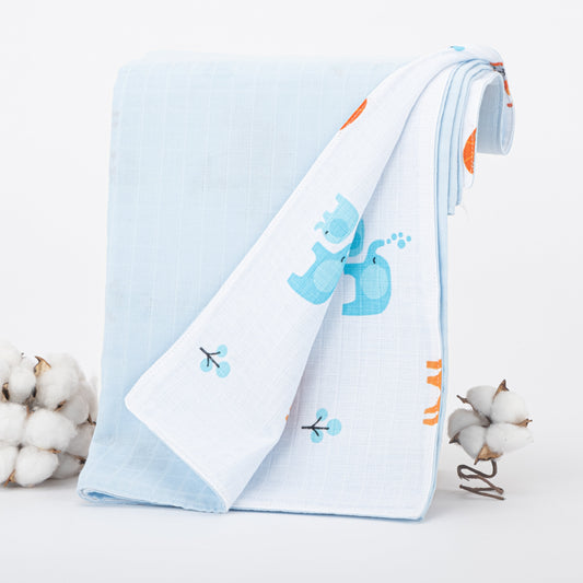 Double Side Muslin Blanket - Baby Blue Muslin - Elephants